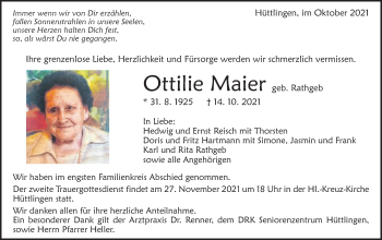 Traueranzeige von Ottilie Maier von Schwäbische Post
