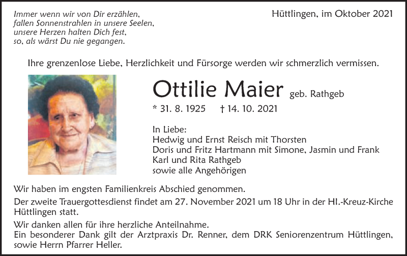  Traueranzeige für Ottilie Maier vom 23.10.2021 aus Schwäbische Post