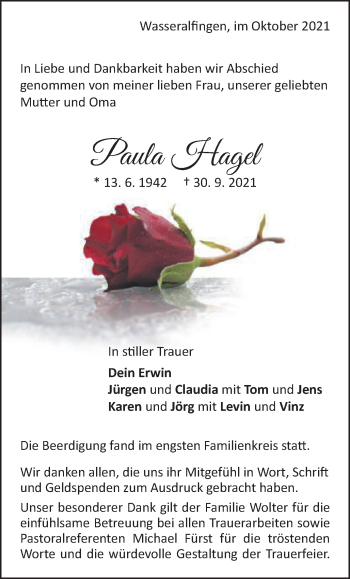 Traueranzeige von Paula Hagel von Schwäbische Post