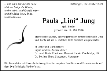 Traueranzeige von Paula Jung von Gmünder Tagespost