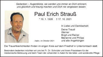 Traueranzeige von Paul Erich Strauß von Schwäbische Post