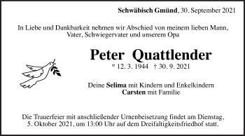 Traueranzeige von Peter Quattlender von Gmünder Tagespost