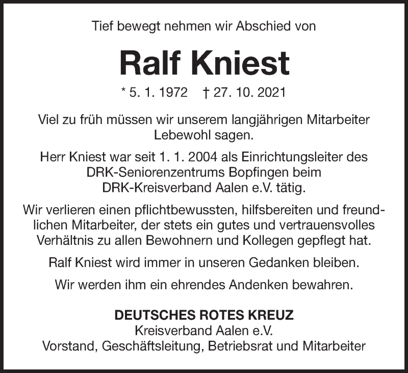  Traueranzeige für Ralf Kniest vom 30.10.2021 aus Schwäbische Post