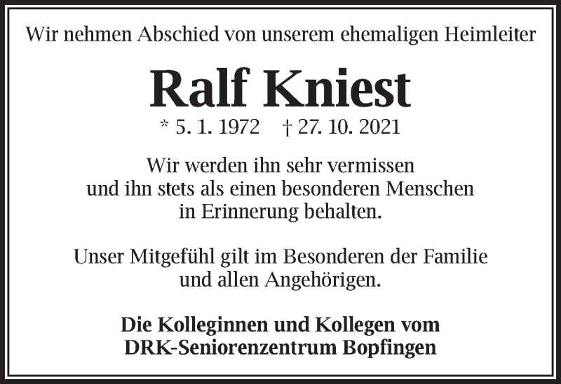  Traueranzeige für Ralf Kniest vom 30.10.2021 aus Schwäbische Post