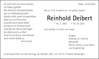Traueranzeige von Reinhold Deibert von Schwäbische Post