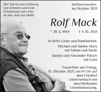 Traueranzeige von Rolf Mack von Schwäbische Post