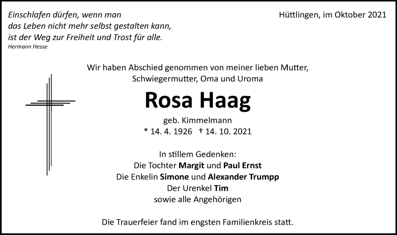  Traueranzeige für Rosa Haag vom 30.10.2021 aus Schwäbische Post