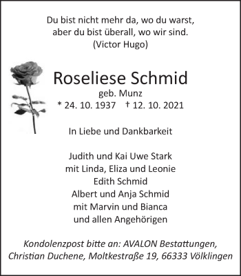 Traueranzeige von Roseliese Schmid von Schwäbische Post