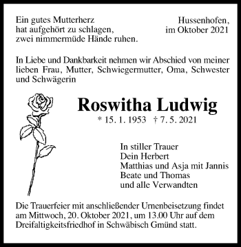 Traueranzeige von Roswitha Ludwig von Gmünder Tagespost
