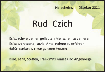 Traueranzeige von Rudi Czich von Schwäbische Post