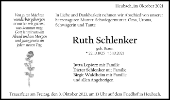 Traueranzeige von Ruth Schlenker von Gmünder Tagespost