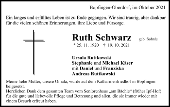 Traueranzeige von Ruth Schwarz von Schwäbische Post
