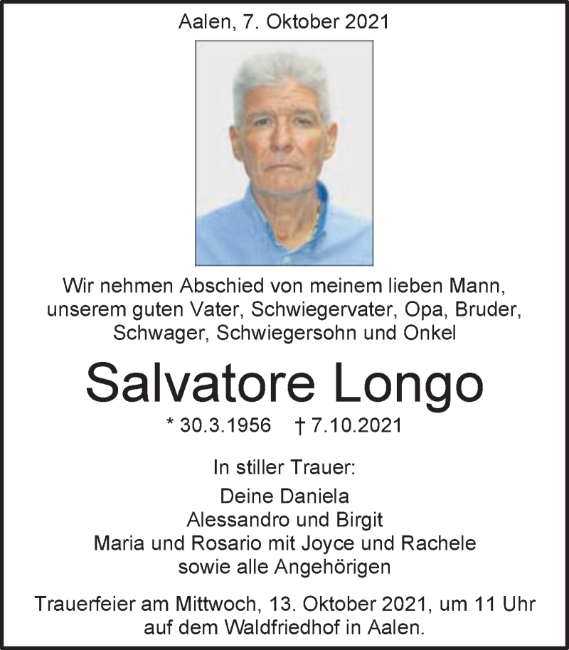  Traueranzeige für Salvatore Longo vom 09.10.2021 aus Schwäbische Post