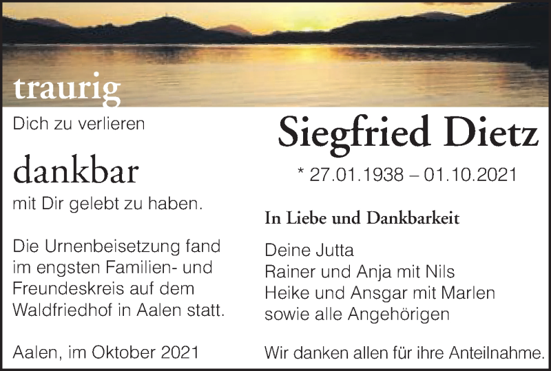  Traueranzeige für Siegfried Dietz vom 16.10.2021 aus Schwäbische Post