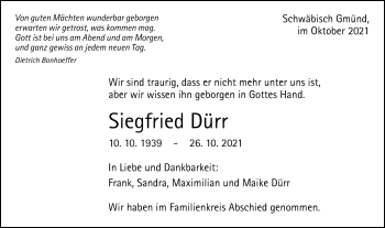 Traueranzeige von Siegfried Dürr von Gmünder Tagespost