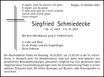 Traueranzeige von Siegfried Schmiedecke von Gmünder Tagespost