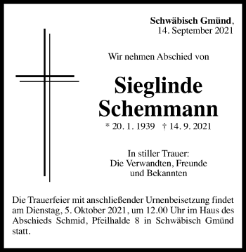 Traueranzeige von Sieglinde Schemmann von Gmünder Tagespost