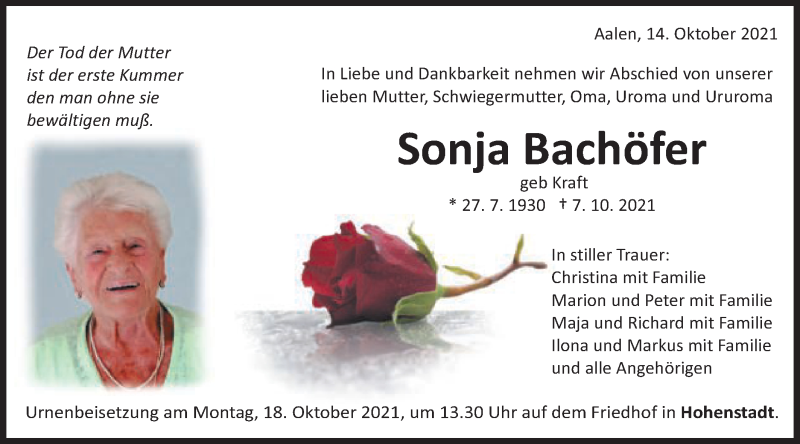  Traueranzeige für Sonja Bachöfer vom 14.10.2021 aus Schwäbische Post
