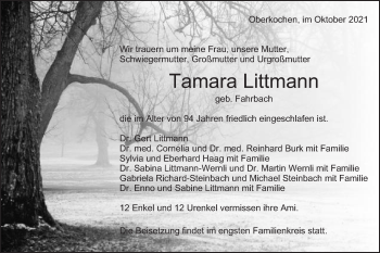 Traueranzeige von Tamara Littmann von Schwäbische Post