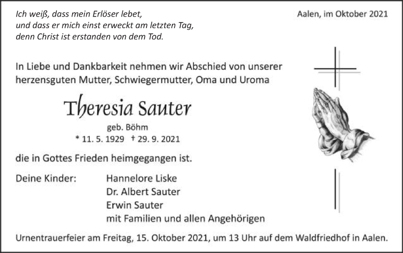  Traueranzeige für Theresia Sauter vom 12.10.2021 aus Schwäbische Post