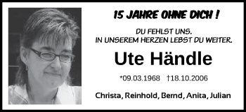 Traueranzeige von Ute Händle von Schwäbische Post