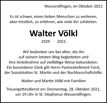 Traueranzeige von Walter Völkl von Schwäbische Post