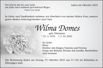 Traueranzeige von Wilma Domes von Schwäbische Post