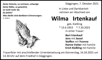 Traueranzeige von Wilma Irtenkauf von Gmünder Tagespost