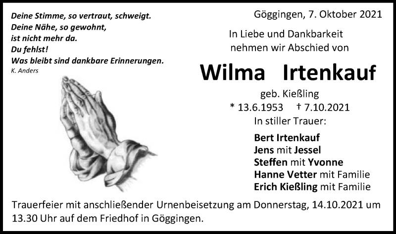  Traueranzeige für Wilma Irtenkauf vom 12.10.2021 aus Gmünder Tagespost