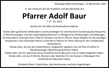 Traueranzeige von Adolf Baur von Schwäbische Post