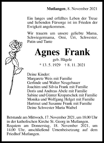 Traueranzeige von Agnes Frank von Gmünder Tagespost
