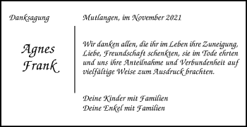Traueranzeige von Agnes Frank von Gmünder Tagespost