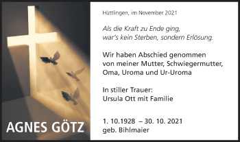 Traueranzeige von Agnes Götz von Schwäbische Post
