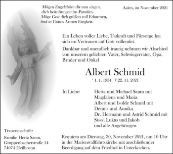 Traueranzeige von Albert Schmid von Schwäbische Post