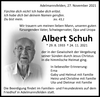 Traueranzeige von Albert Schuh von Schwäbische Post