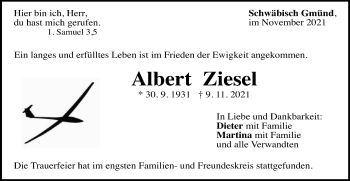 Traueranzeige von Albert Ziesel von Gmünder Tagespost
