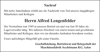 Traueranzeige von Alfred Lengenfelder von Schwäbische Post
