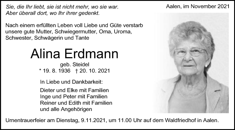  Traueranzeige für Alina Erdmann vom 03.11.2021 aus Schwäbische Post