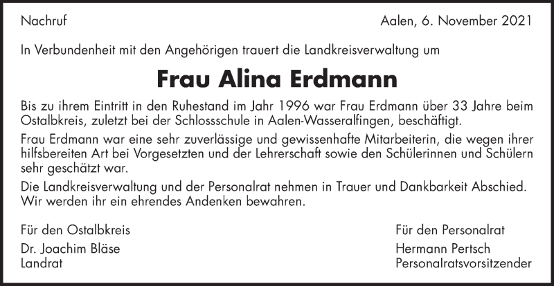  Traueranzeige für Alina Erdmann vom 06.11.2021 aus Schwäbische Post