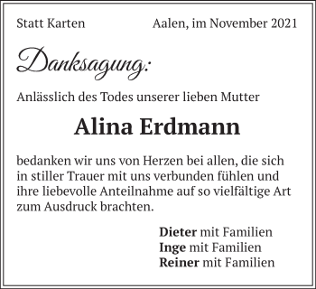 Traueranzeige von Alina Erdmann von Schwäbische Post