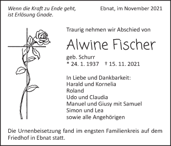 Traueranzeige von Alwine Fischer von Schwäbische Post