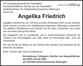 Traueranzeige von Angelika Friedrich von Schwäbische Post