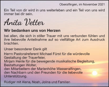 Traueranzeige von Anita Vetter  von Schwäbische Post