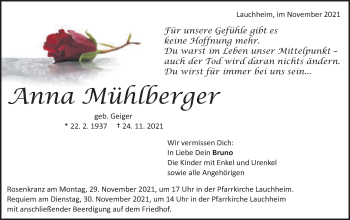 Traueranzeige von Anna Mühlberger von Schwäbische Post