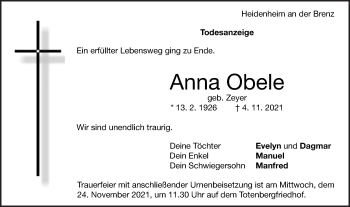 Traueranzeige von Anna Obele von Schwäbische Post