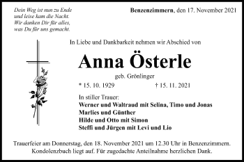 Traueranzeige von Anna Österle von Schwäbische Post