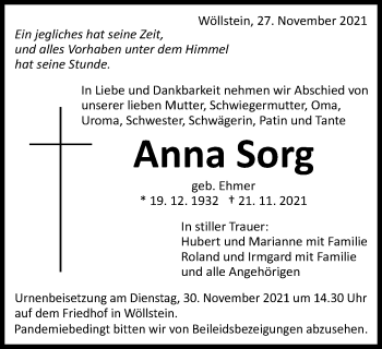 Traueranzeige von Anna Sorg von Schwäbische Post