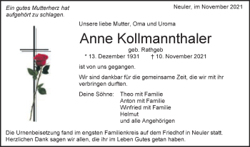 Traueranzeige von Anne Kollmannthaler von Schwäbische Post