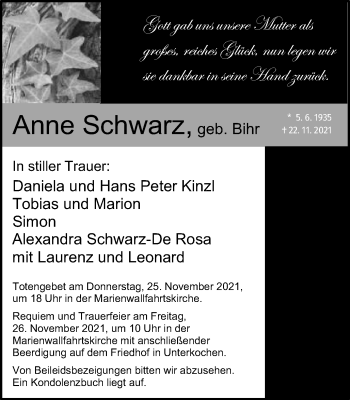 Traueranzeige von Anne Schwarz von Schwäbische Post