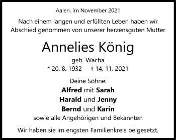 Traueranzeige von Annelies König von Schwäbische Post